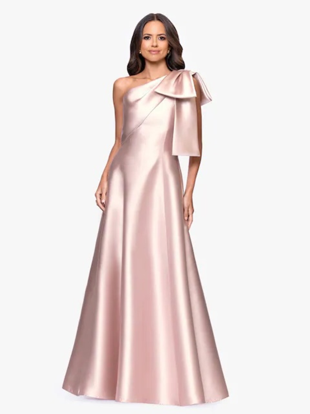 Betsy & Adam Rachel One-Shoulder Satin Gown in Rose Blush with Bow